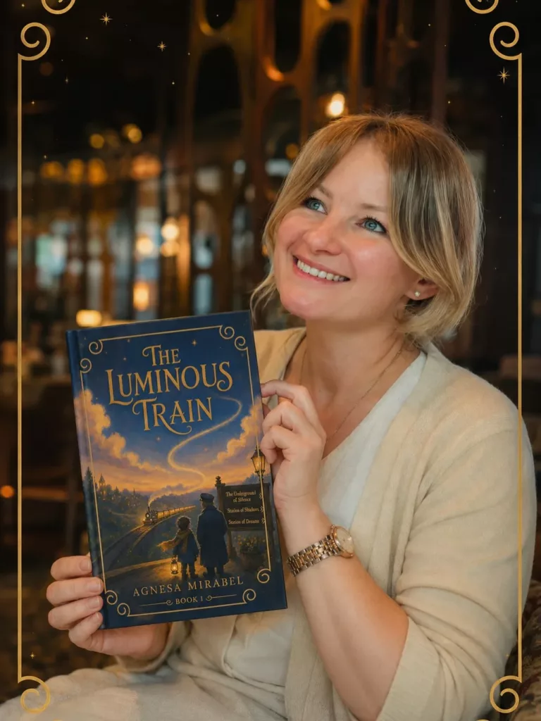 Agnesa Mirabel, childrens book author, holding a copy of The Luminous Train
