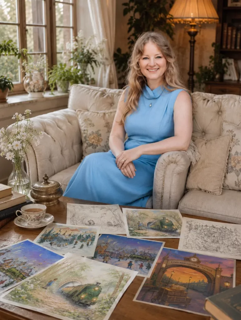 Agnesa Mirabel in a blue dress sits on a beige tufted sofa behind a low table covered with illustration sheets, watercolours and pencil drawings, and a cup of tea