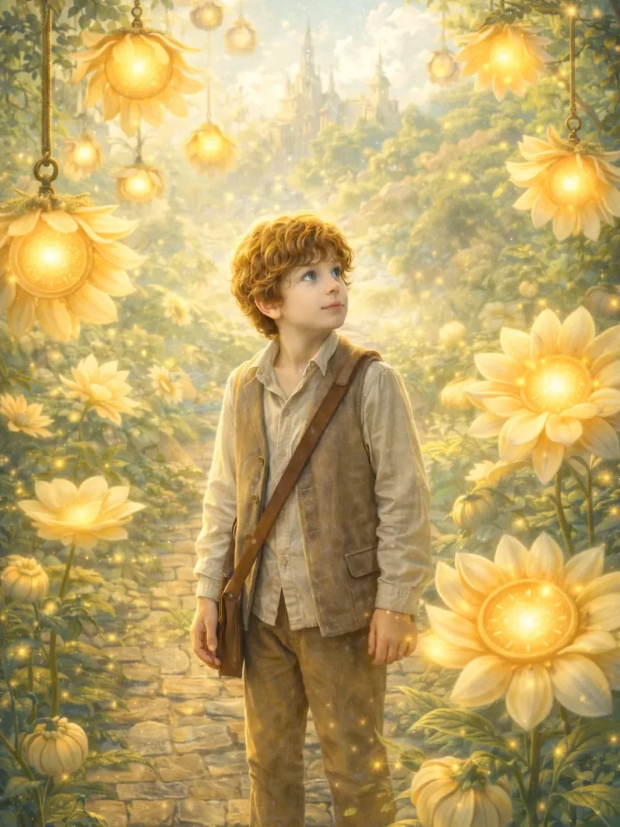 Illustration from The Luminous Train: a red-haired boy in a leather waistcoat walks up a cobbled path lined with giant glowing yellow flower-lanterns, a castle in the distance