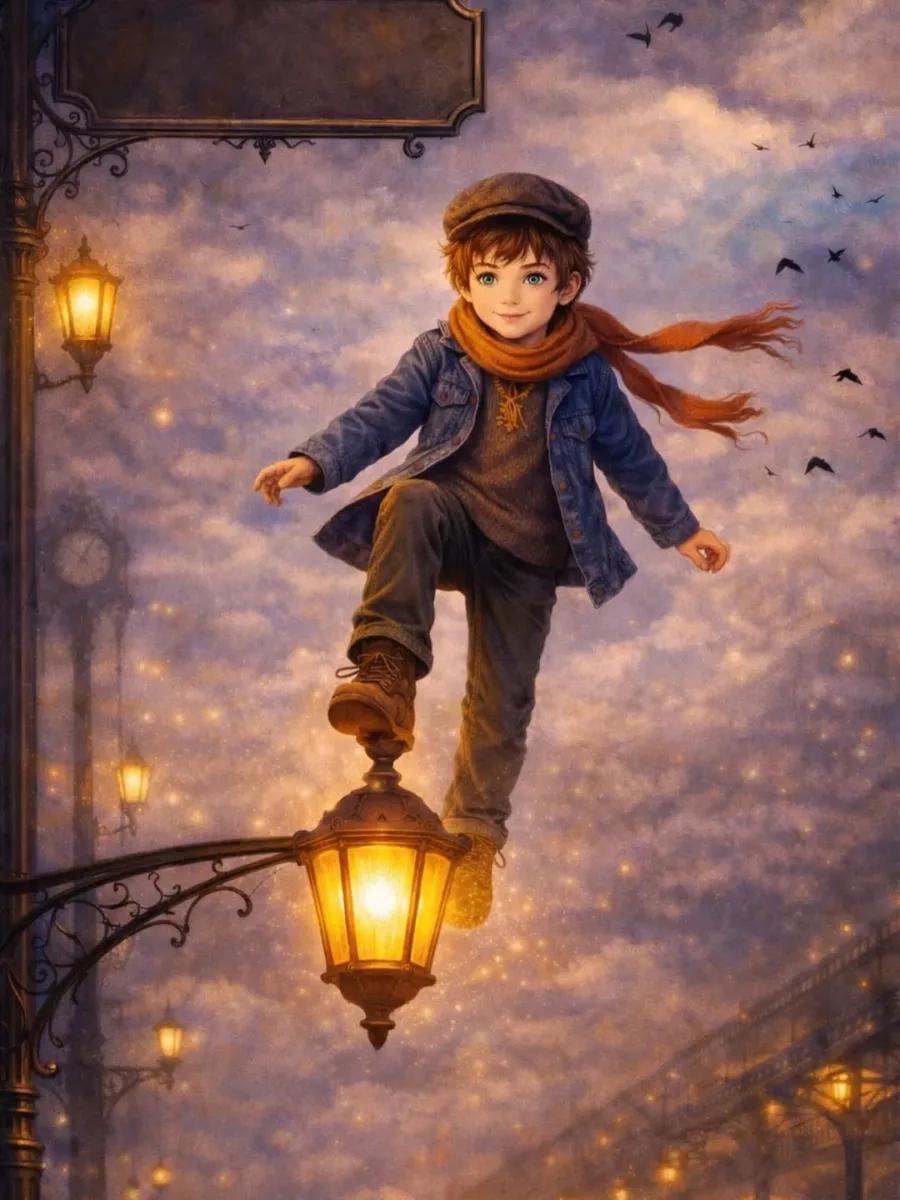 Illustration from The Luminous Train: a boy in a cap with a rust scarf streaming behind him balances on one foot at the top of a lit street lantern, above a lilac cloudscape crossed by birds