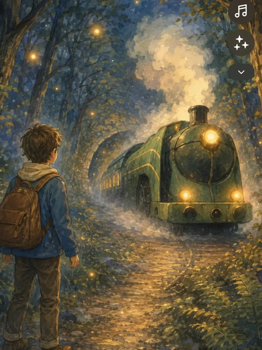 Watercolour from The Luminous Train: a boy with a brown backpack watches the green locomotive, headlamps lit, in a blue-tinged forest speckled with fireflies