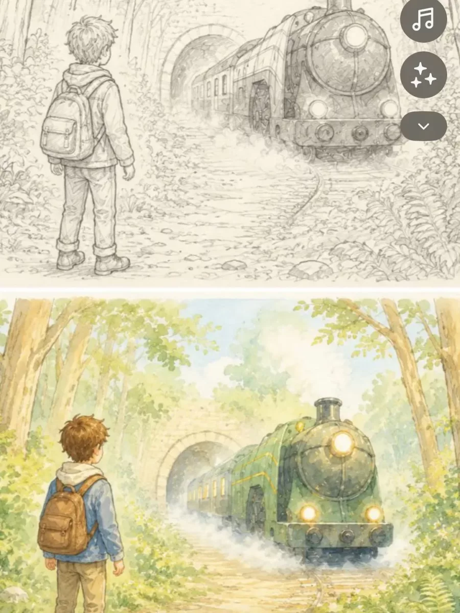Two stages of the same illustration for The Luminous Train: above, the preparatory pencil drawing; below, the finished watercolour of a boy facing a green locomotive emerging from a forest tunnel
