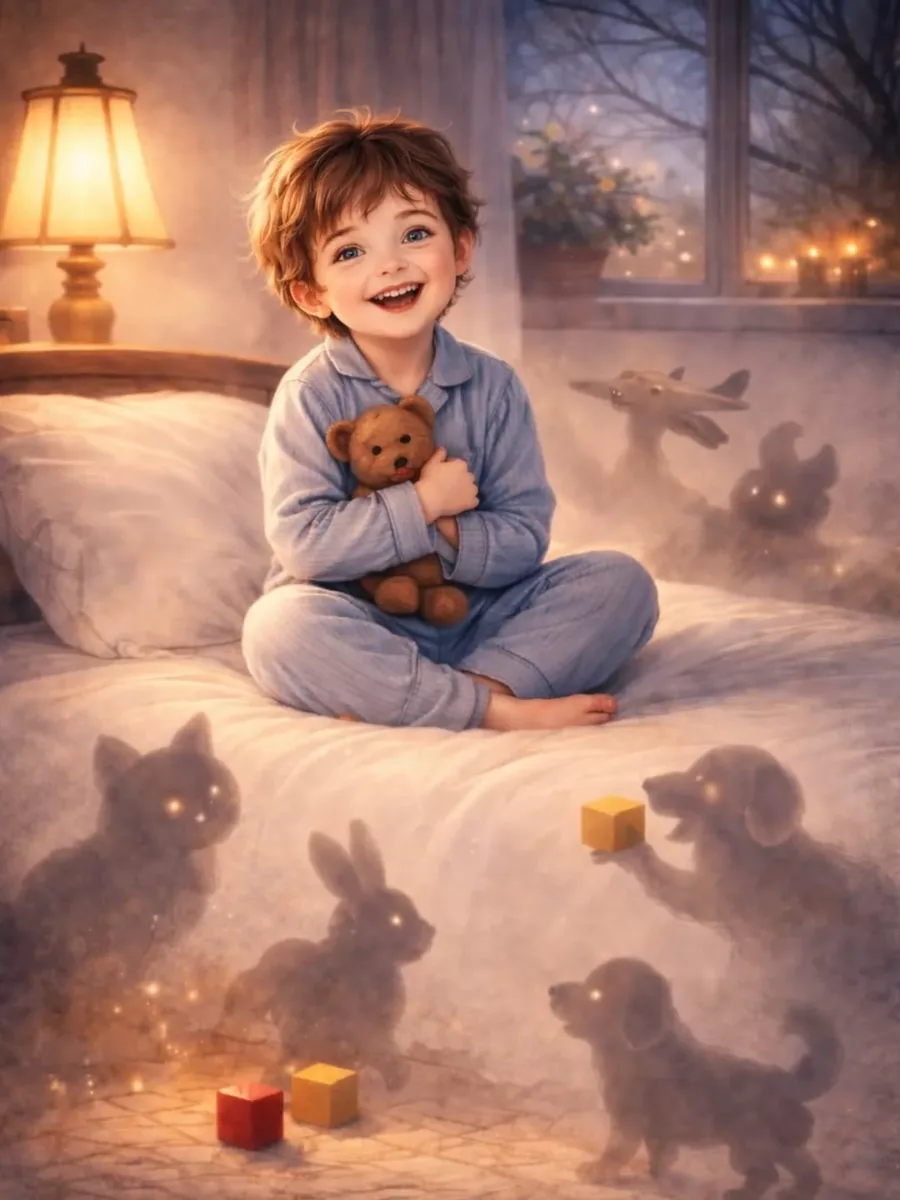 Illustration from The Luminous Train: a laughing young boy in blue pyjamas hugs a teddy bear on his bed, surrounded by translucent dream animals and wooden blocks