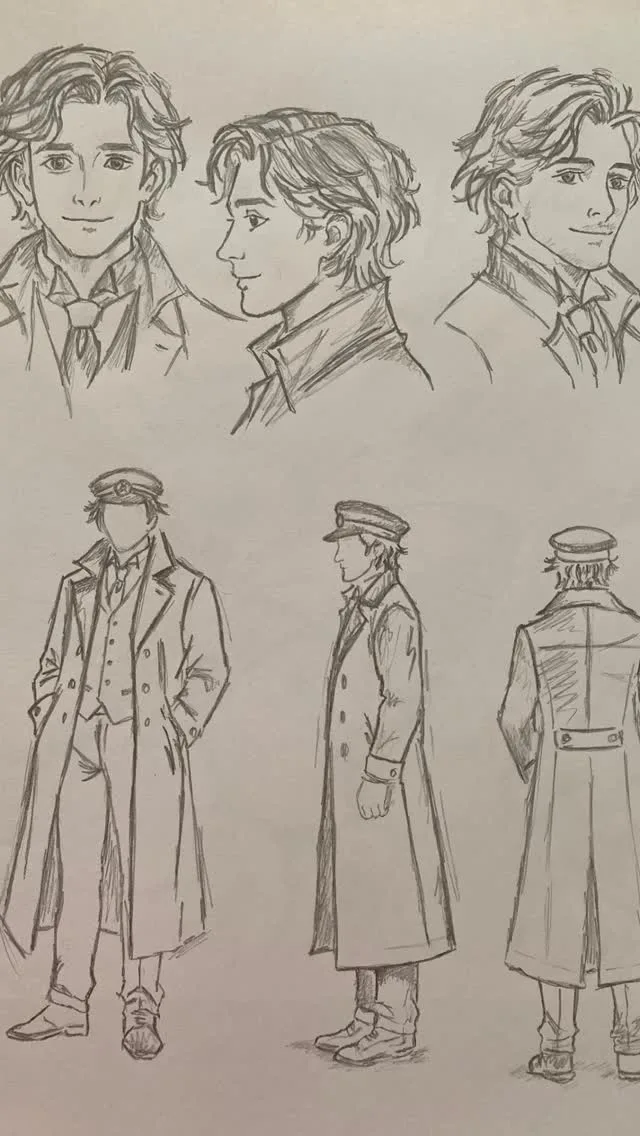 Pencil character studies for The Luminous Train: three studies of the Conductor's face and three full-length figures in a peaked cap and long coat