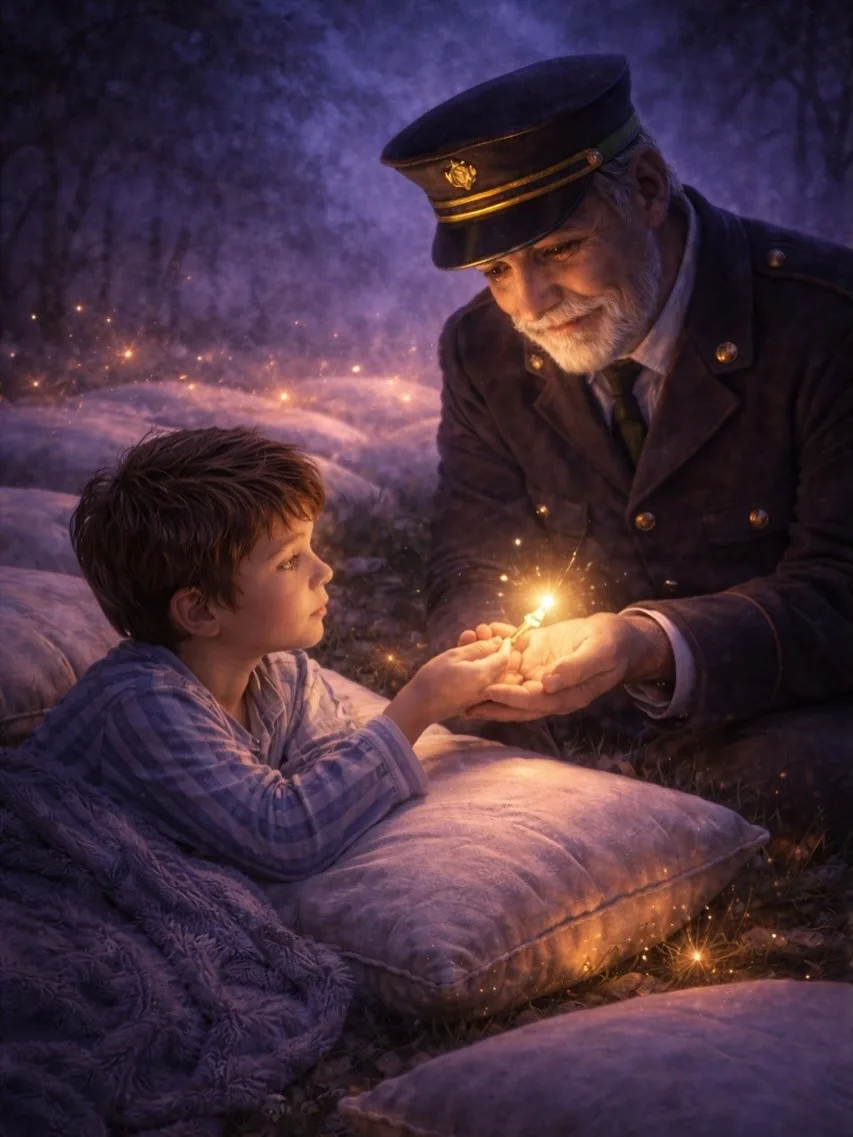 Illustration from The Luminous Train: the bearded Conductor kneels and places a golden spark into the hand of a boy in striped pyjamas lying on a cushion in a field of violet pillows