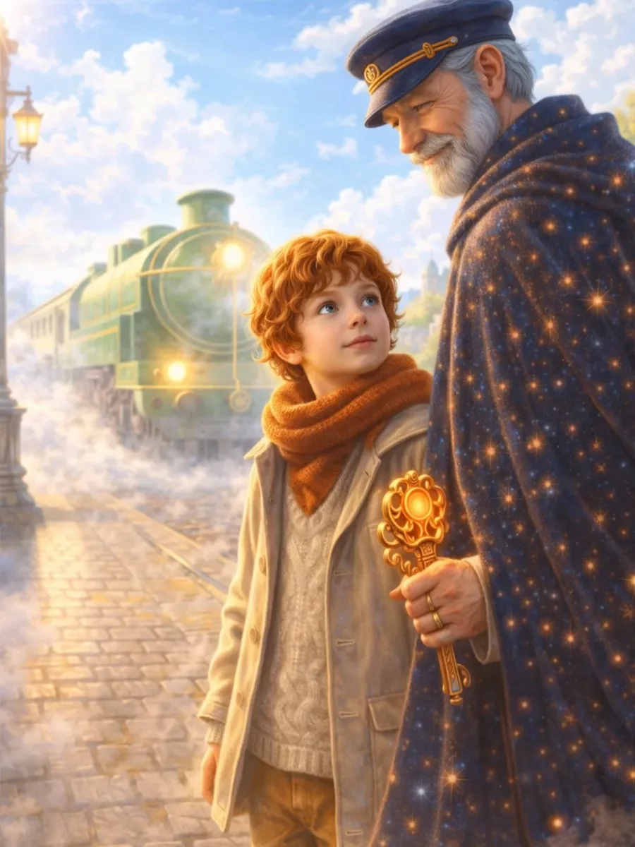Illustration from The Luminous Train: the Conductor in a midnight cloak scattered with stars holds out a radiant golden key to a red-haired boy, the green locomotive steaming behind them