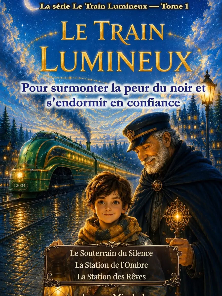 Cover of the French edition Le Train Lumineux: the Conductor holding a glowing key beside a smiling boy in front of the green locomotive 12004