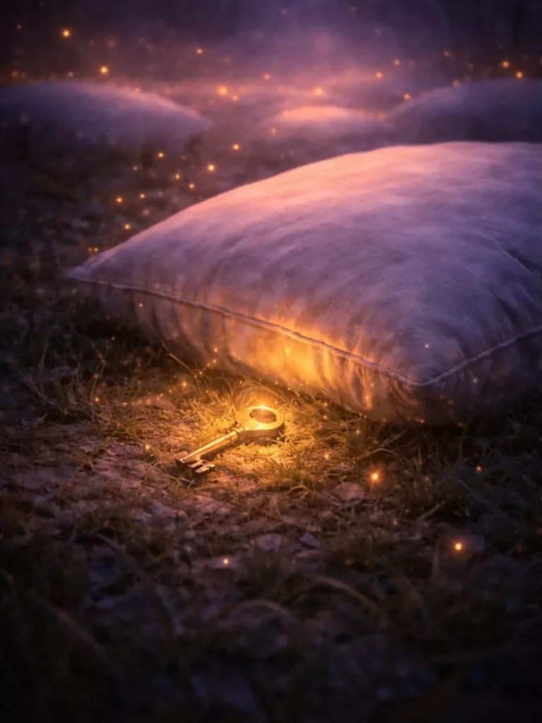 Illustration from The Luminous Train: an old golden key glowing in the grass at the edge of a grey-violet pillow, surrounded by amber sparks
