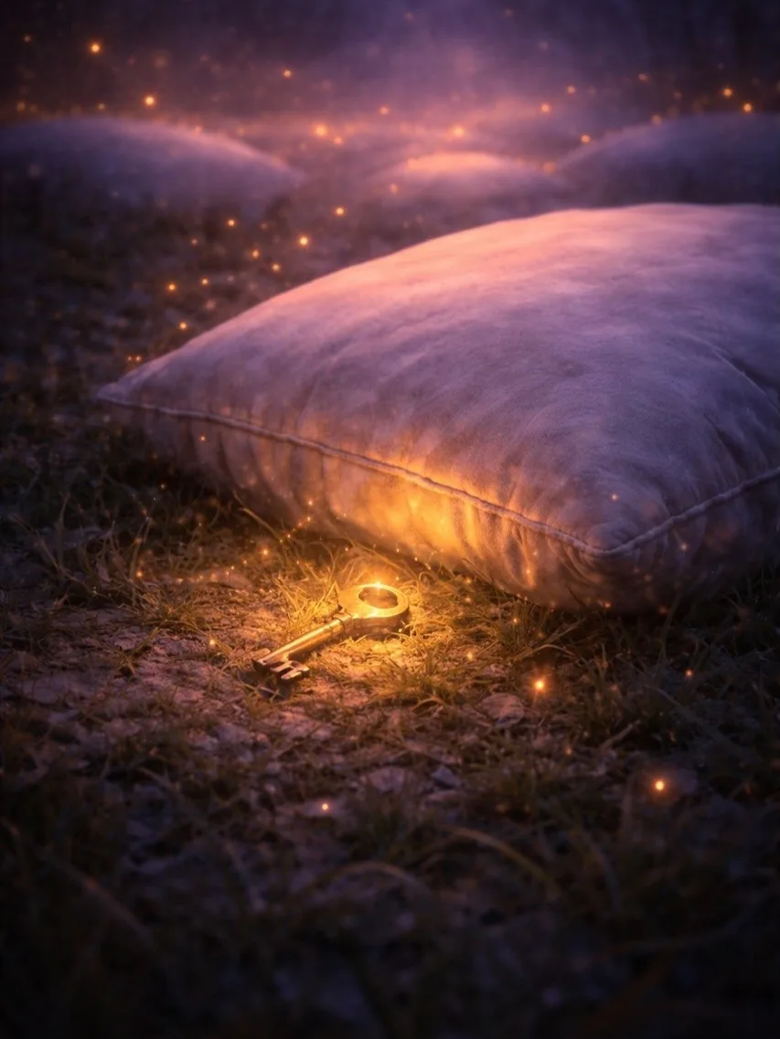 Illustration from The Luminous Train: an old golden key glowing in the grass at the edge of a grey-violet pillow, surrounded by amber sparks