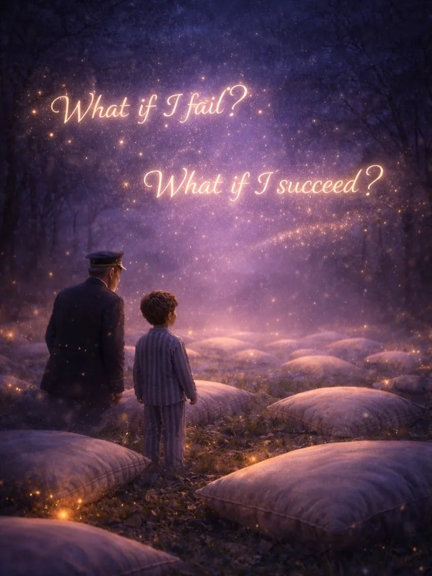Illustration from The Luminous Train: a boy in striped pyjamas and the Conductor seen from behind in a starlit field of violet pillows, beneath the glowing words What if I fail? What if I succeed?