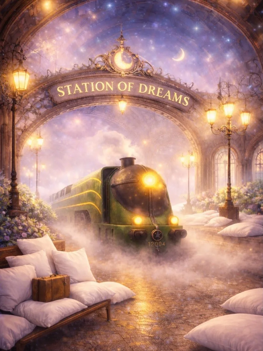 Illustration from The Luminous Train: a green locomotive emerges from lilac mist beneath an arch reading Station of Dreams, its platform strewn with white pillows under golden lamps and a crescent moon