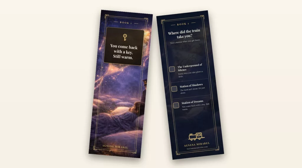 Four gold-on-night bookmarks, one per book of The Luminous Train: a key, a lantern, a seedling and a pocket watch, with the reverse of one showing its list of stations.