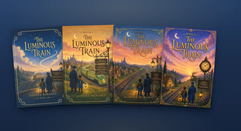 The four books of The Luminous Train series by Agnesa Mirabel, standing side by side against a night sky.