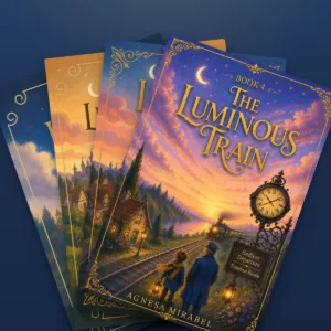 The four books of The Luminous Train fanned out like a hand of cards against a night sky.