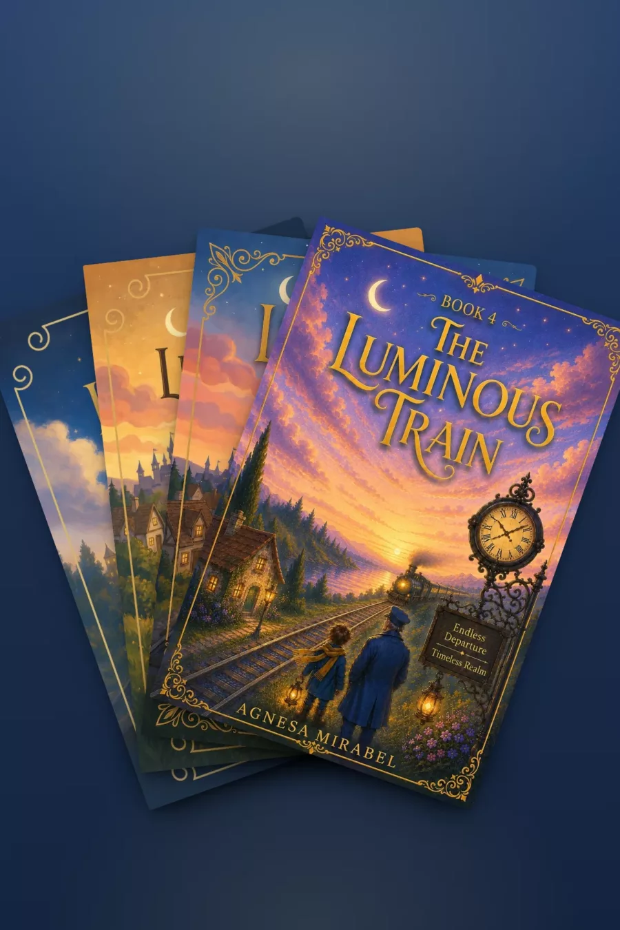 The four books of The Luminous Train fanned out like a hand of cards against a night sky.