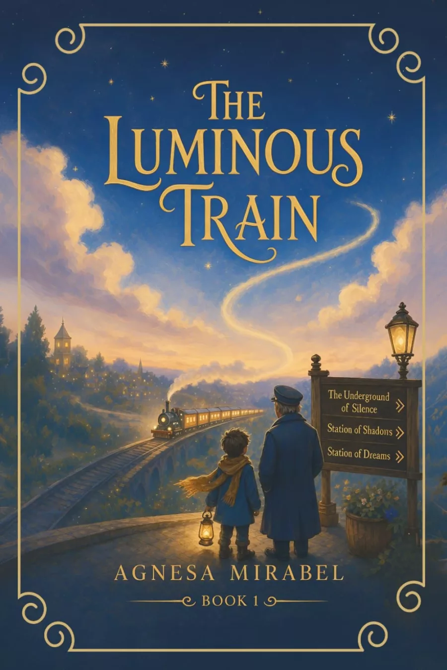 Cover of The Luminous Train, book 1 by Agnesa Mirabel: a boy holding a lantern beside the Conductor, watching a glowing train cross a stone viaduct under a starry night sky