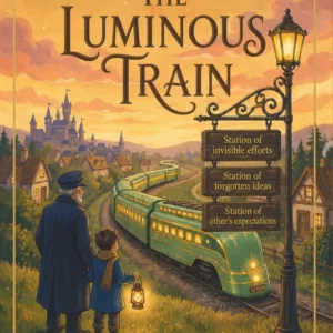 Cover of The Luminous Train, book 2 by Agnesa Mirabel: a green locomotive winding through a village under an amber sunset sky, a crescent moon above
