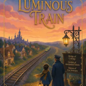 Cover of The Luminous Train, book 3 by Agnesa Mirabel: the green locomotive crossing a flowered stone bridge, a boy looking back over his shoulder