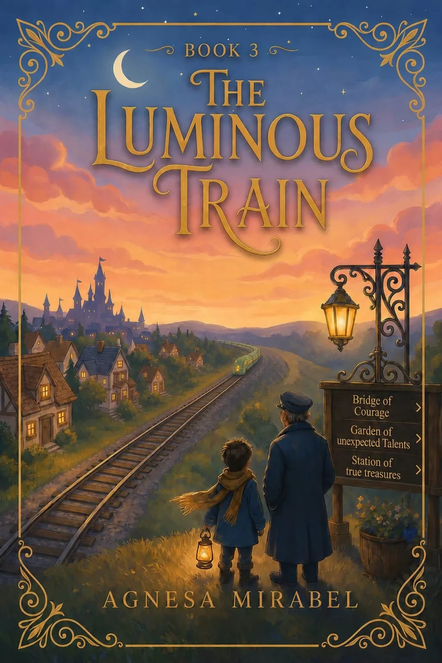 Cover of The Luminous Train, book 3 by Agnesa Mirabel: the green locomotive crossing a flowered stone bridge, a boy looking back over his shoulder
