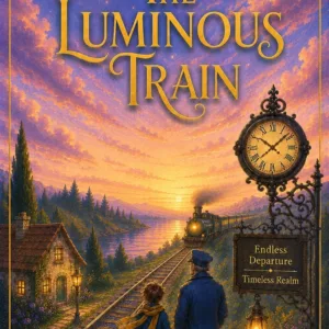 Cover of The Luminous Train, book 4 by Agnesa Mirabel: a red-haired boy looking up beside the green locomotive 12004 beneath a station glass roof