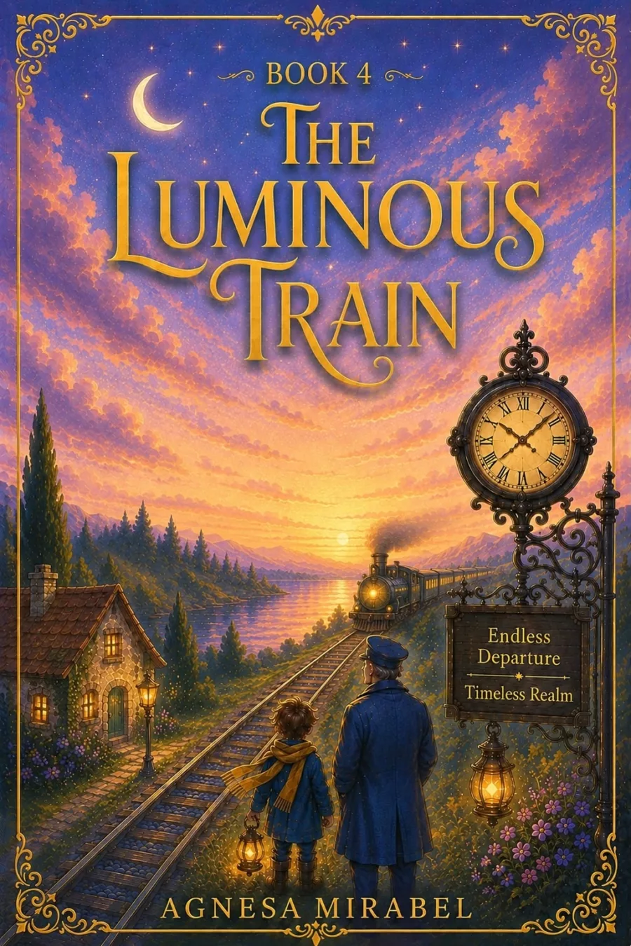 Cover of The Luminous Train, book 4 by Agnesa Mirabel: a red-haired boy looking up beside the green locomotive 12004 beneath a station glass roof