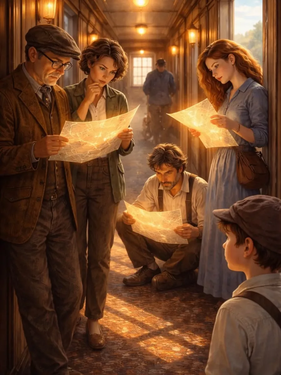 Illustration from The Luminous Train: in a wood-panelled carriage corridor, four adults and a boy in a cap study translucent maps radiating golden light