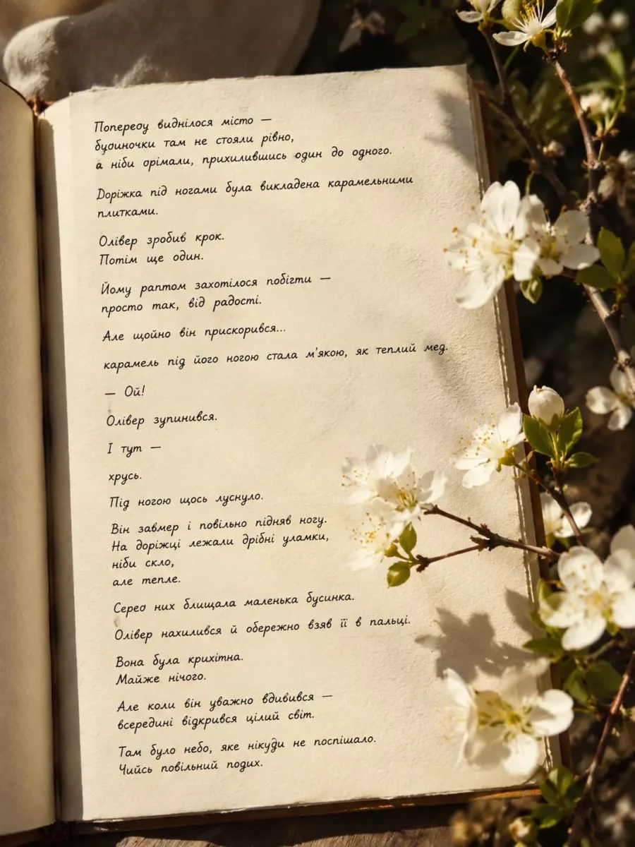 An open book showing a handwritten page in Ukrainian on textured cream paper, with white cherry blossom branches laid along the right edge