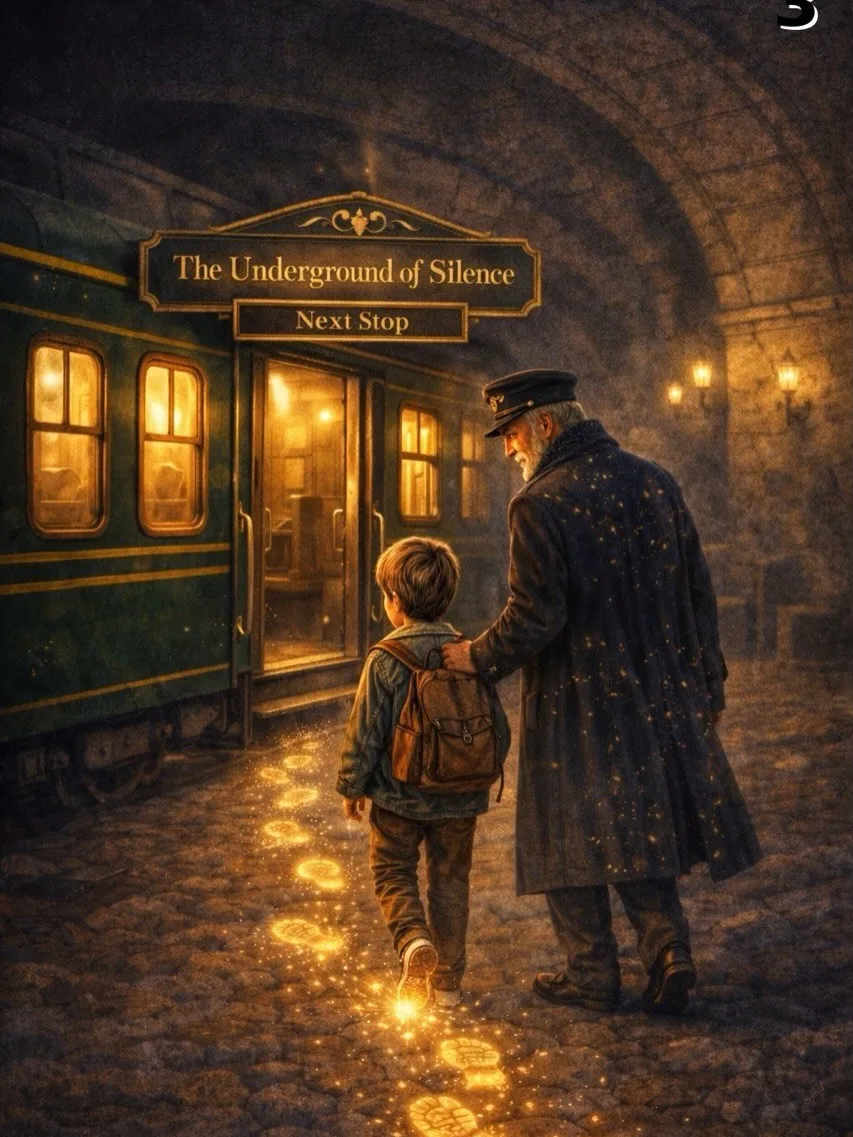 Illustration from The Luminous Train: a boy with a backpack walks along glowing golden footprints towards a lit green carriage, the Conductor's hand on his shoulder, beneath a sign reading The Underground of Silence