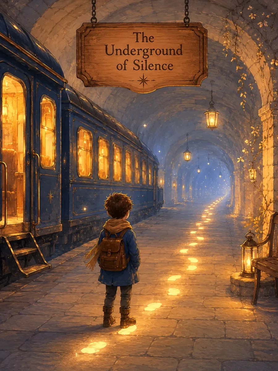 Illustration from The Luminous Train: a boy stands alone from behind on a vaulted stone platform facing a blue carriage with golden windows, under a hanging sign reading The Underground of Silence